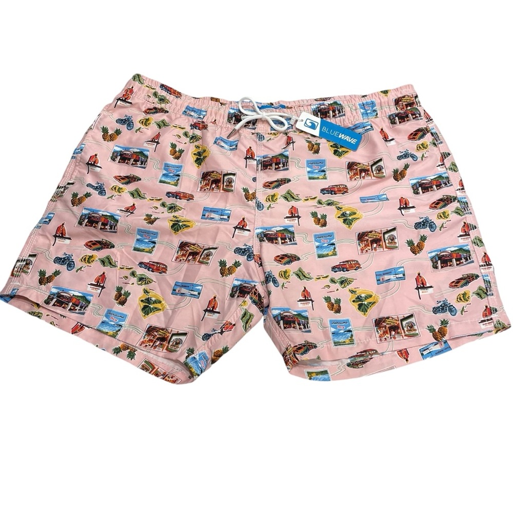 Blue Wave Mens 2XL Swim Trunks Shorts Lined Pockets Pink Hawaii Tourist New